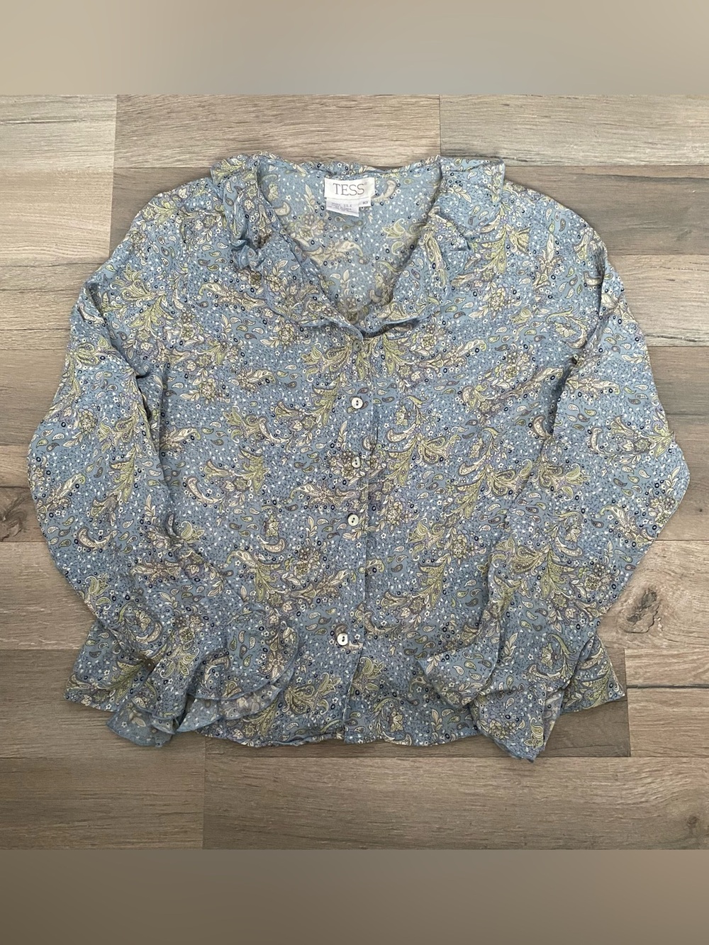 Vintage Tess 90s Y2K Blue Floral Paisley Silk Button Down Shirt Ruffle Collar